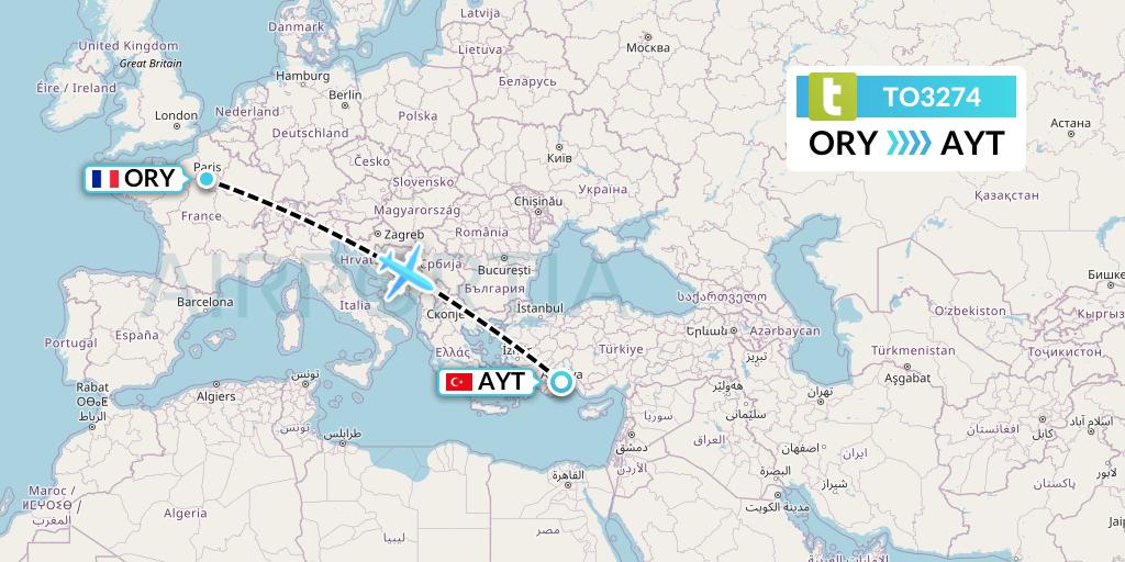TO3274 Transavia France Flight Map: Paris to Antalya