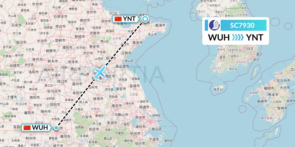 SC7930 Shandong Airlines Flight Map: Wuhan to Yantai