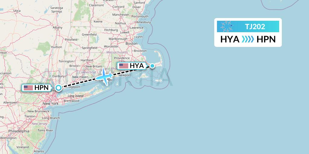 TJ202 Tradewind Aviation Flight Map: Hyannis to White Plains