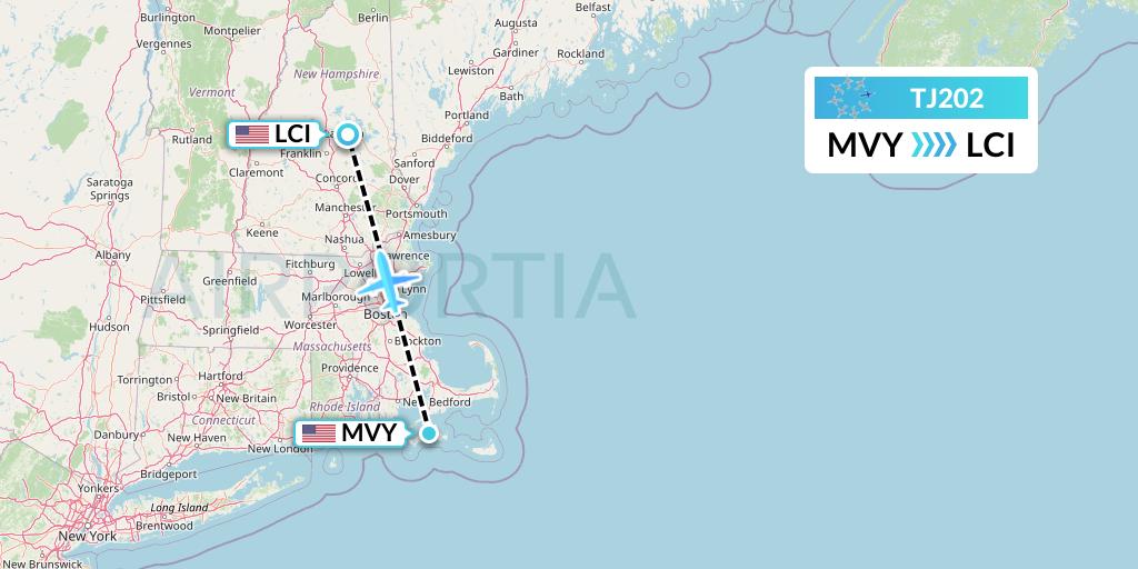 TJ202 Tradewind Aviation Flight Map: Martha's Vineyard to Laconia
