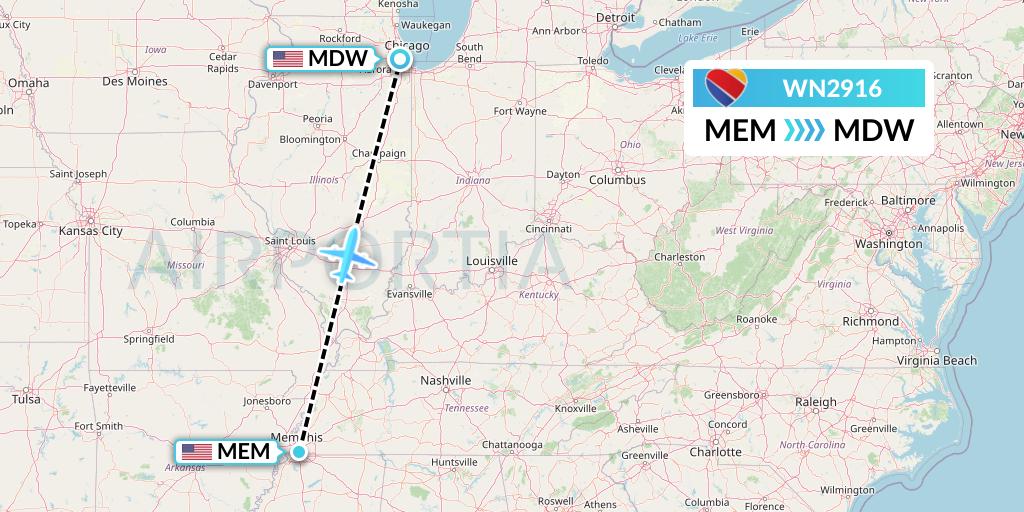 WN2916 Southwest Airlines Flight Map: Memphis to Chicago