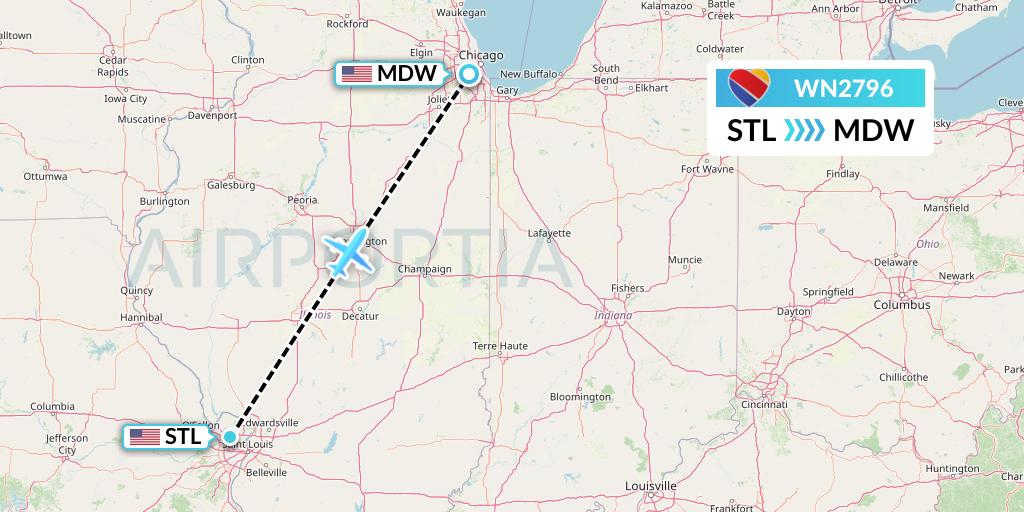WN2796 Southwest Airlines Flight Map: St. Louis to Chicago
