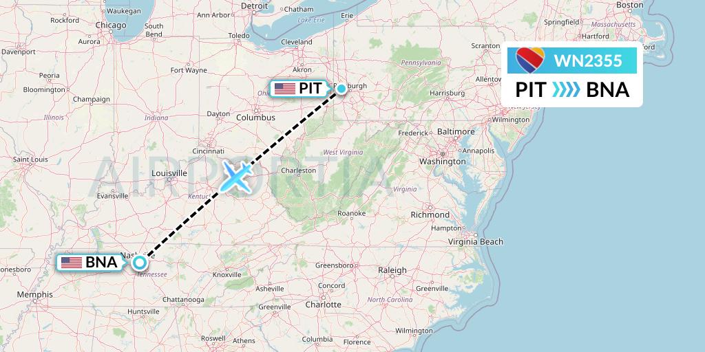 WN2355 Southwest Airlines Flight Map: Pittsburgh to Nashville