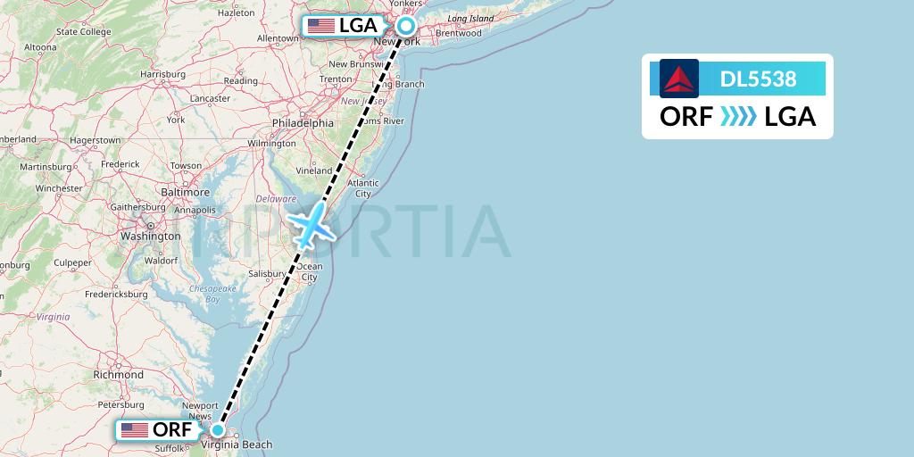 DL5538 Delta Air Lines Flight Map: Norfolk to New York