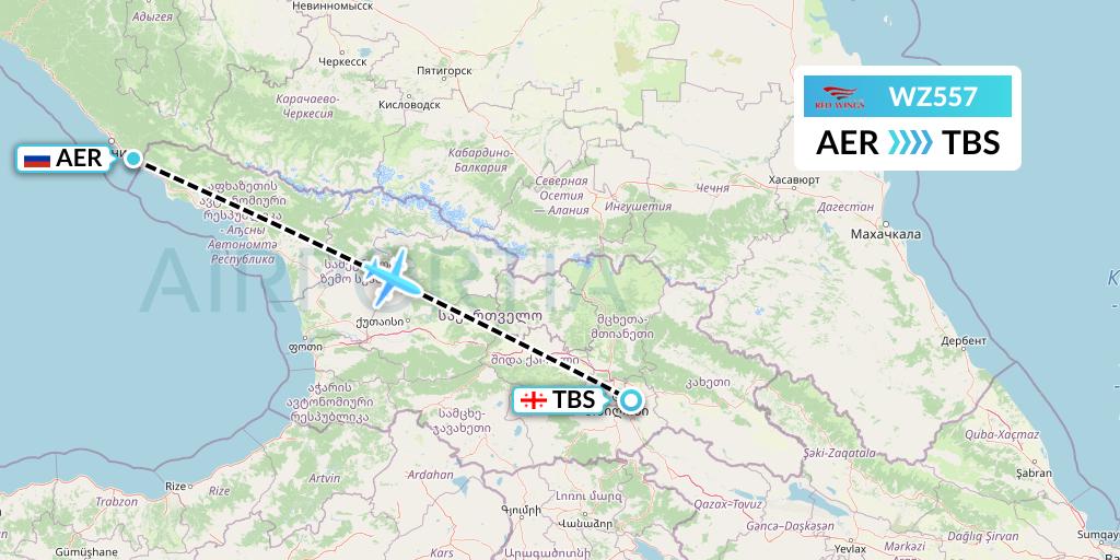 WZ557 Red Wings Flight Map: Sochi to Tbilisi