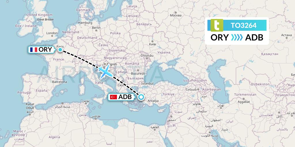 TO3264 Transavia France Flight Map: Paris to Izmir