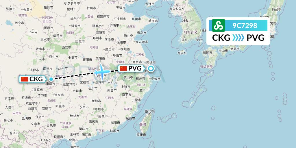9C7298 Spring Airlines Flight Map: Chongqing to Shanghai