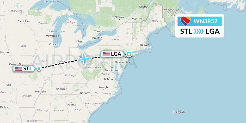 WN3852 Southwest Airlines Flight Map: St. Louis to New York