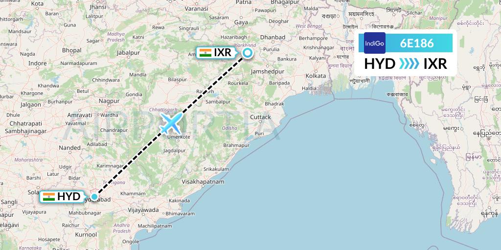 6E186 IndiGo Airlines Flight Map: Hyderabad to Ranchi