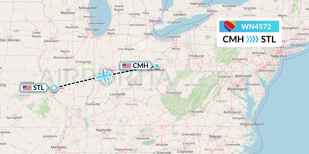 WN4572 Southwest Airlines Flight Map: Columbus to St. Louis