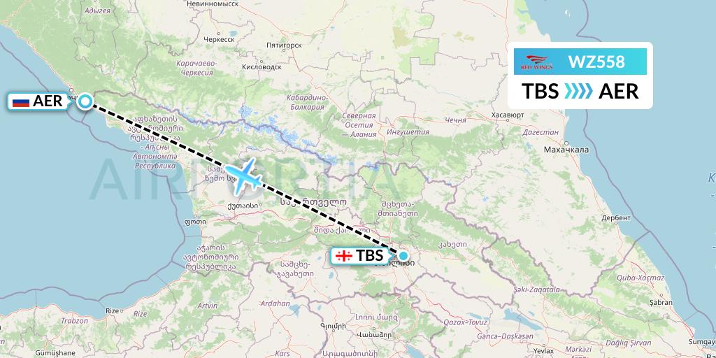 WZ558 Red Wings Flight Map: Tbilisi to Sochi