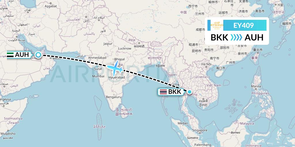 EY409 Etihad Airways Flight Map: Bangkok to Abu Dhabi