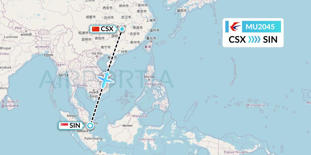 MU2045 China Eastern Airlines Flight Map: Changsha to Singapore