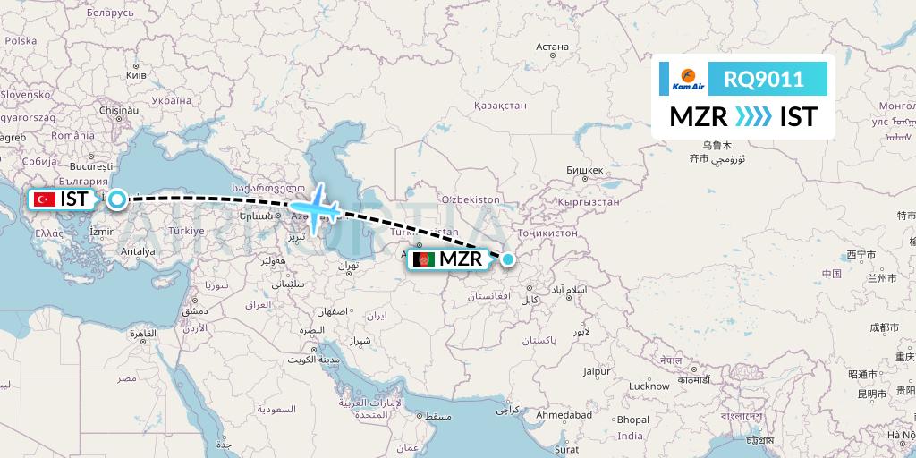 RQ9011 Kam Air Flight Map: Mazar-I-Sharif to Istanbul