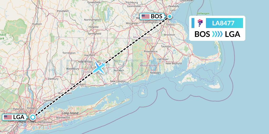 LA8477 LAN Airlines Flight Map: Boston to New York