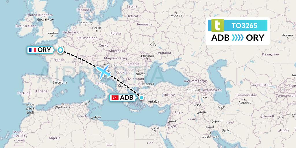 TO3265 Transavia France Flight Map: Izmir to Paris