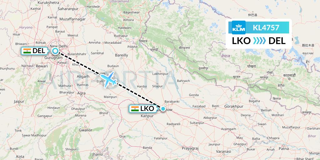 KL4757 KLM Flight Map: Lucknow to Delhi