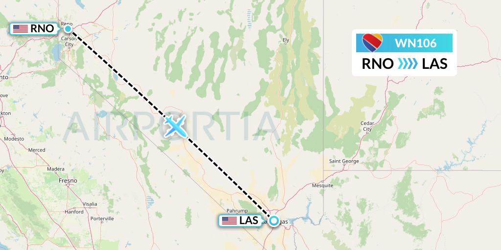WN106 Southwest Airlines Flight Map: Reno to Las Vegas