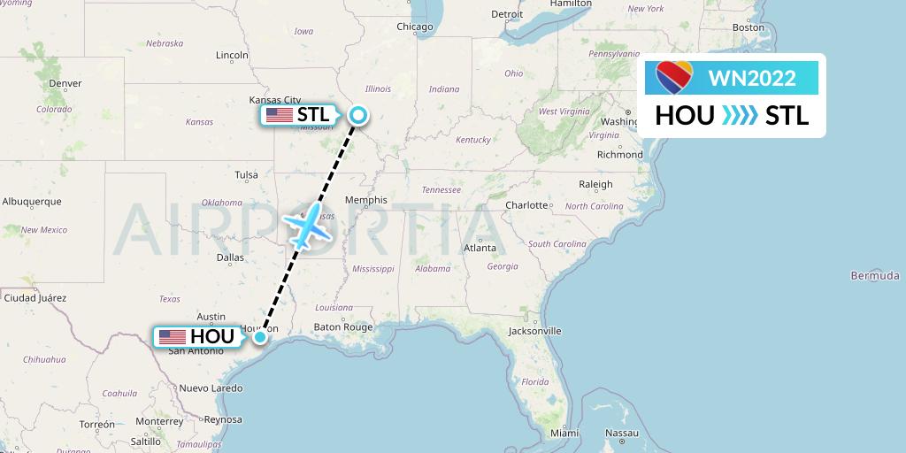 WN2022 Southwest Airlines Flight Map: Houston to St. Louis