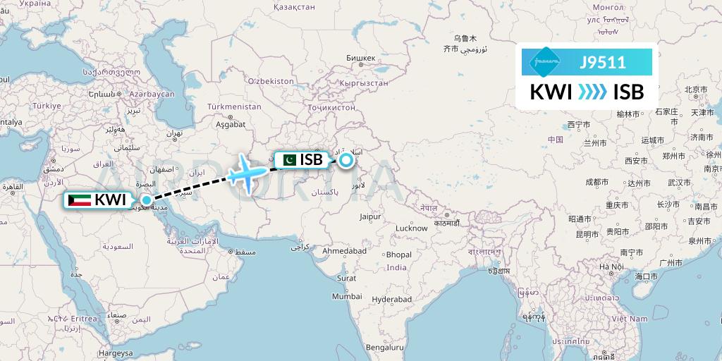 J9511 Jazeera Airways Flight Map: Kuwait City to Islamabad