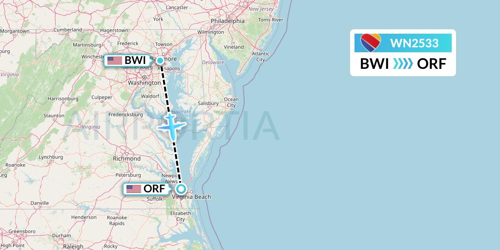 WN2533 Southwest Airlines Flight Map: Baltimore to Norfolk