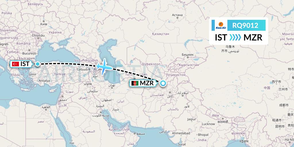 RQ9012 Kam Air Flight Map: Istanbul to Mazar-I-Sharif