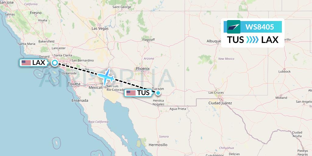WS8405 WestJet Flight Map: Tucson to Los Angeles
