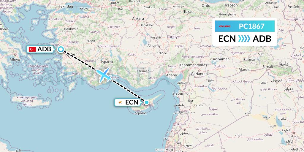 PC1867 Pegasus Airlines Flight Map: Tymvou to Izmir