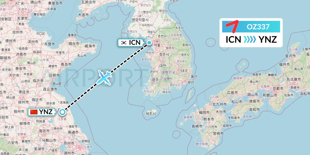 OZ337 Asiana Airlines Flight Map: Seoul to Yancheng