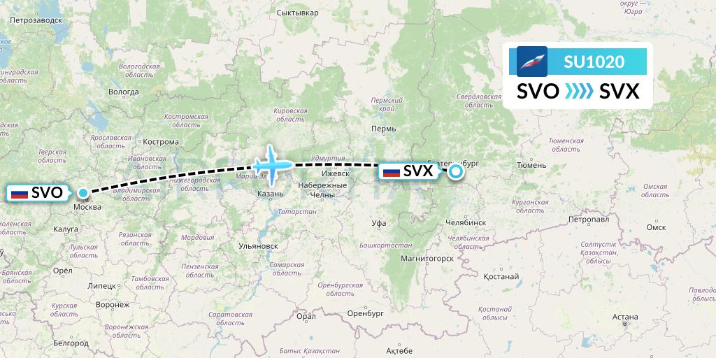 SU1020 Aeroflot Flight Map: Moscow to Yekaterinburg