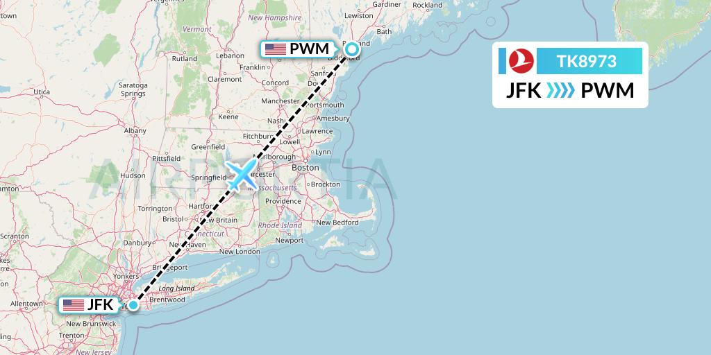 TK8973 Turkish Airlines Flight Map: New York to Portland