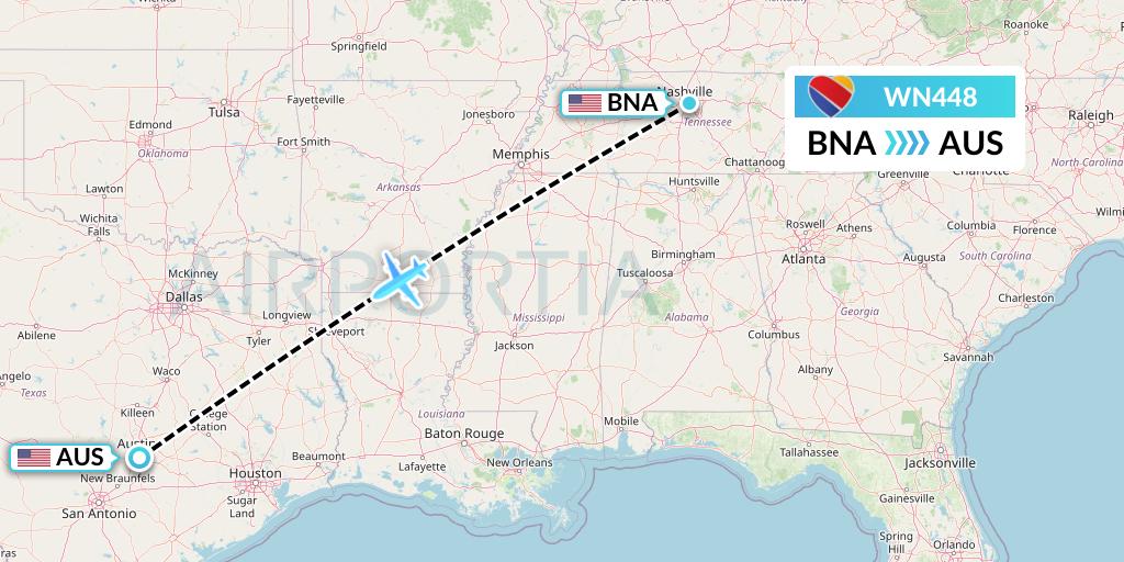 WN448 Southwest Airlines Flight Map: Nashville to Austin