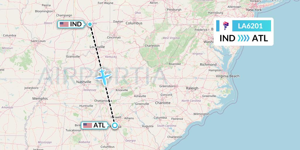 LA6201 LAN Airlines Flight Map: Indianapolis to Atlanta