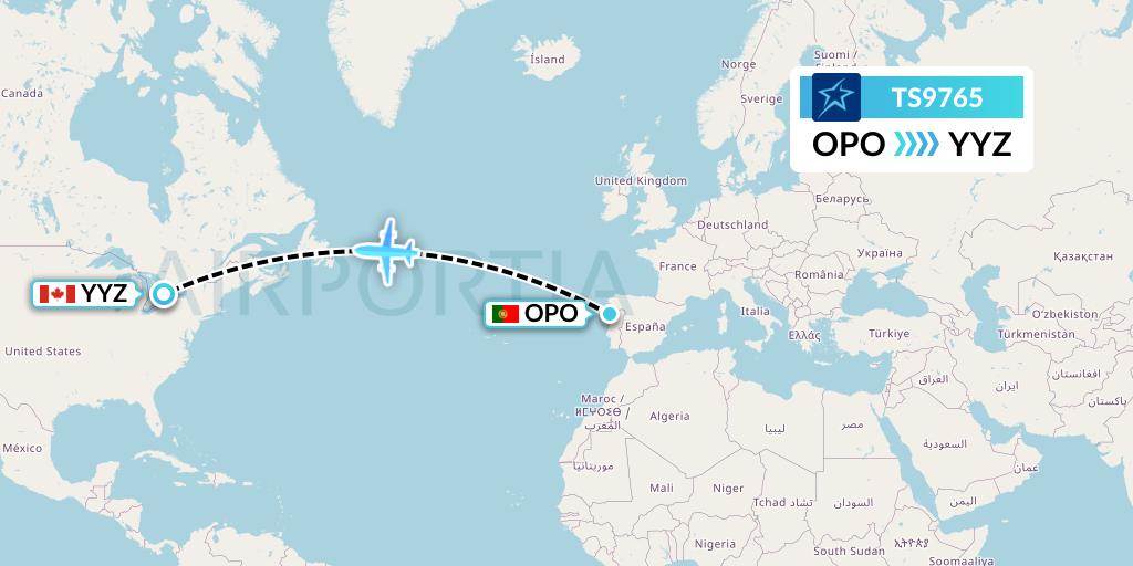 TS9765 Air Transat Flight Map: Porto to Toronto