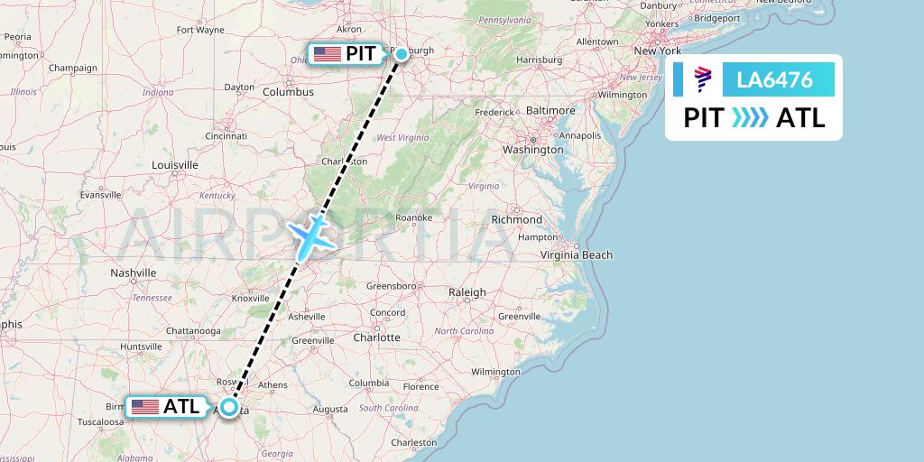 LA6476 LAN Airlines Flight Map: Pittsburgh to Atlanta