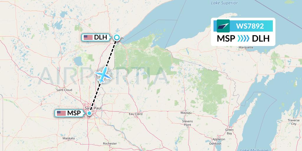 WS7892 WestJet Flight Map: Minneapolis to Duluth