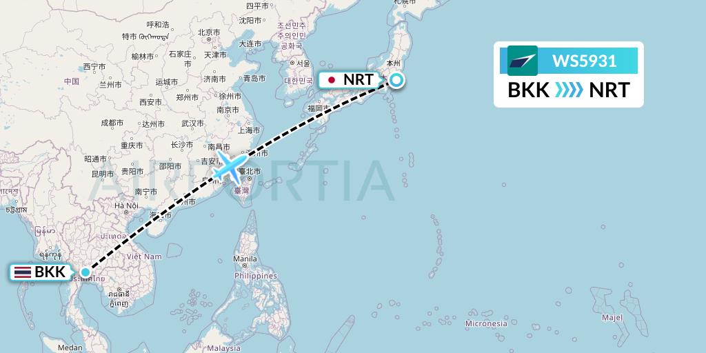 WS5931 WestJet Flight Map: Bangkok to Tokyo