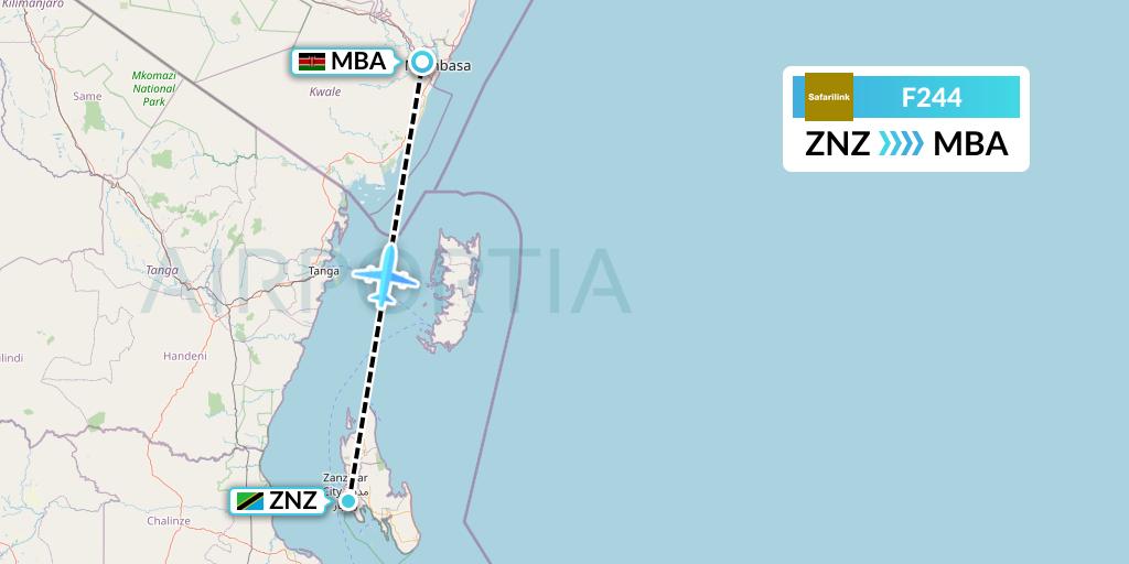 F244 Safarilink Aviation Flight Map: Zanzibar to Mombasa