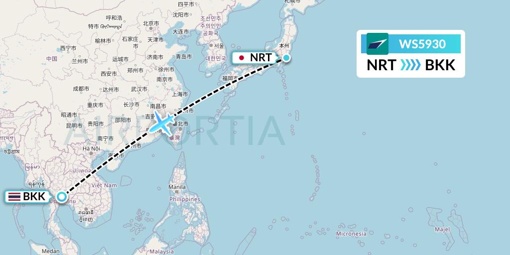 WS5930 WestJet Flight Map: Tokyo to Bangkok