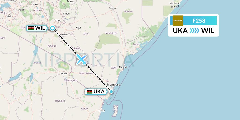 F258 Safarilink Aviation Flight Map: Ukunda to Nairobi