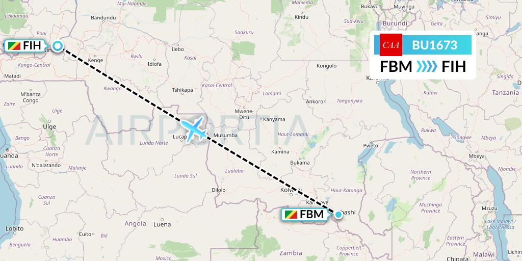 BU1673 flyCAA Flight Map: Lubumbashi to Kinshasa