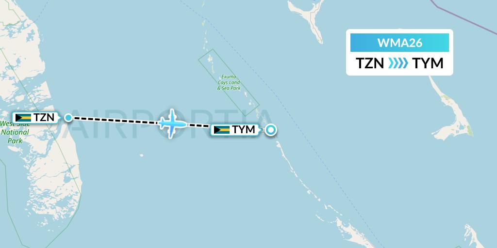 WMA26 Watermakers Air Flight Map: South Andros to Bahamas