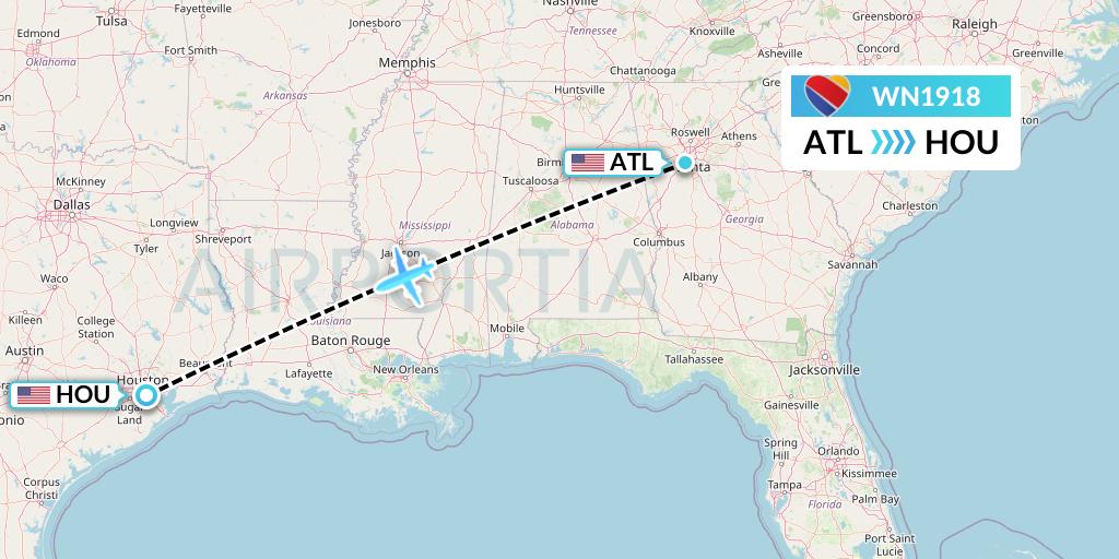WN1918 Southwest Airlines Flight Map: Atlanta to Houston