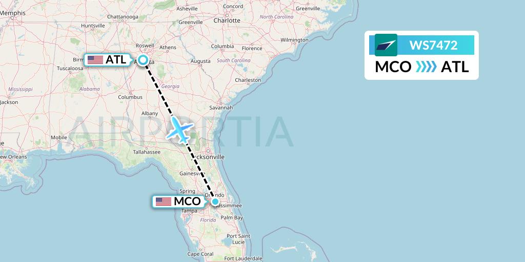 WS7472 WestJet Flight Map: Orlando to Atlanta