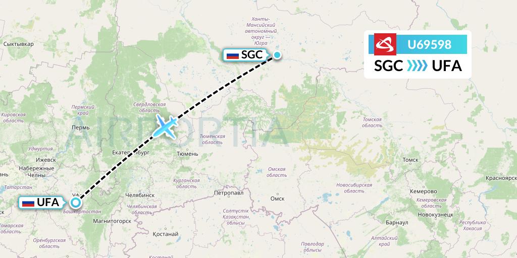 U69598 Ural Airlines Flight Map: Surgut to Ufa