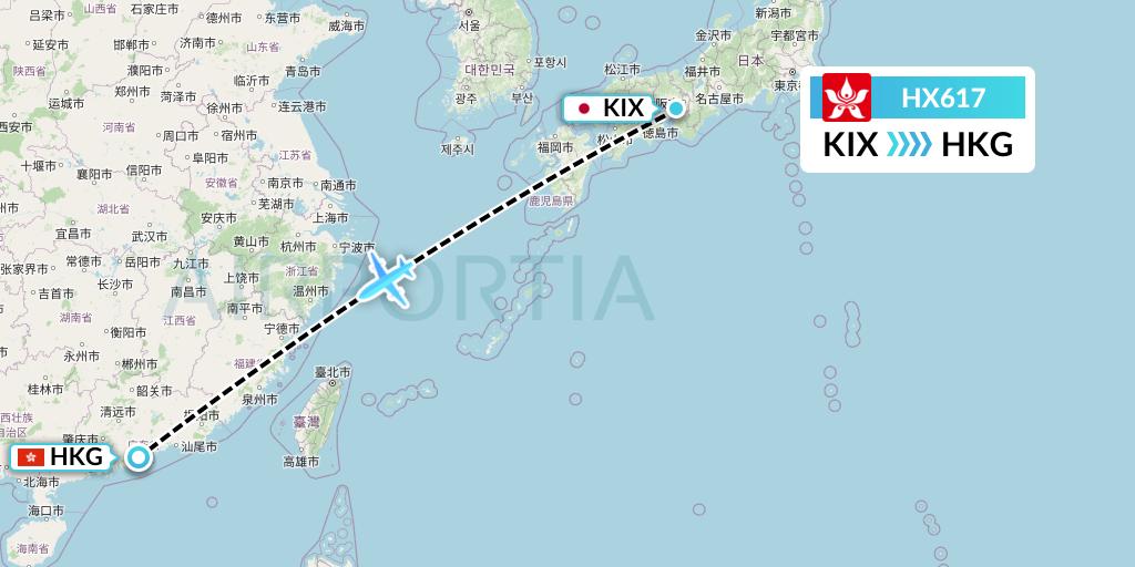 HX617 Hong Kong Airlines Flight Map: Osaka to Hong Kong