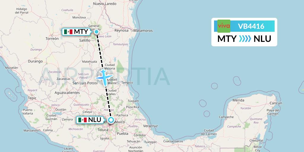 VB4416 VivaAerobus Flight Map: Monterrey to Reyes Acozac