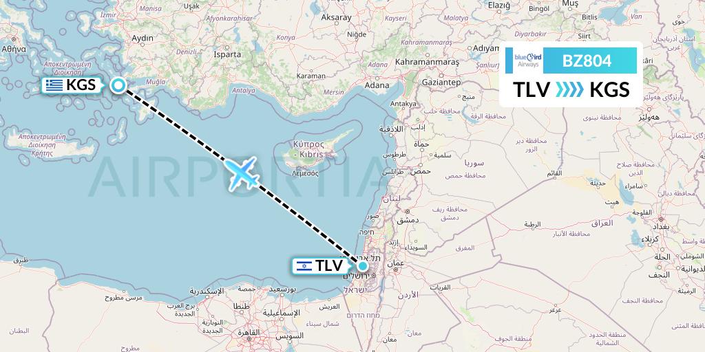 BZ804 Bluebird Airways Flight Map: Tel Aviv to Kos