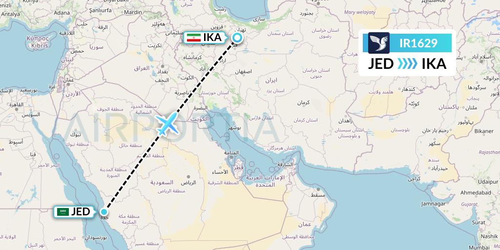 IR1629 Iran Air Flight Map: Jeddah to Tehran