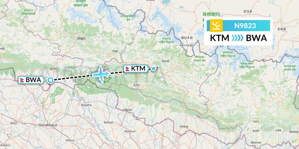 N9823 Shree Airlines Flight Map: Kathmandu to Bhairawa